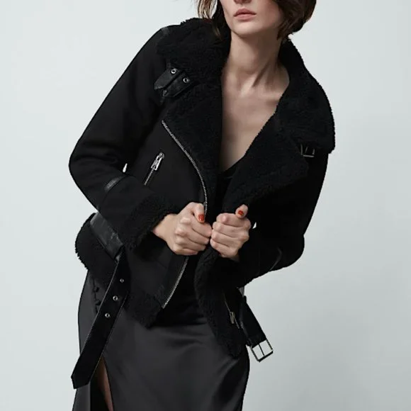 ZARA WOMEN BLACK DOUBLE FACED FAUX SUEDE MOTO JACKET SIZE XS NWT - Picture 3 of 12